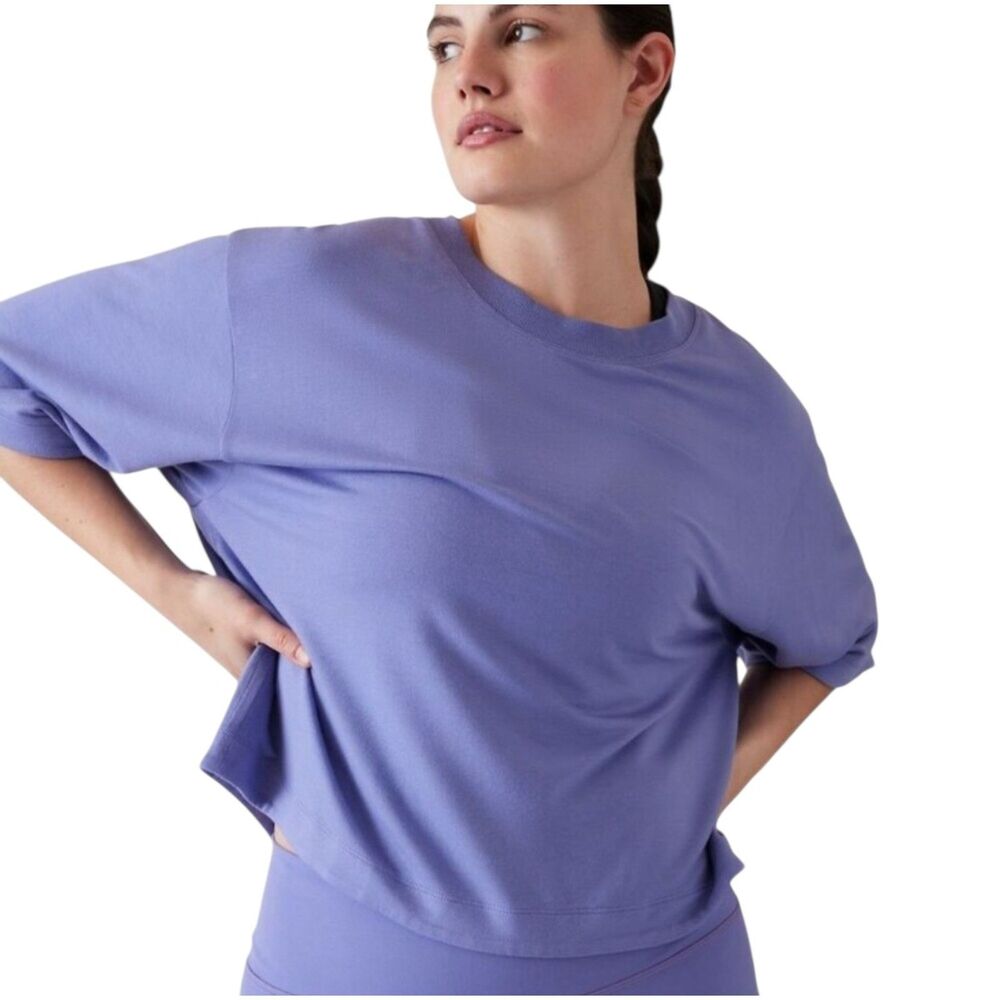ATHLETA Purple Bliss Sweatshirt Boxy Short Sleeve Split Back Crew Neck Womens XL